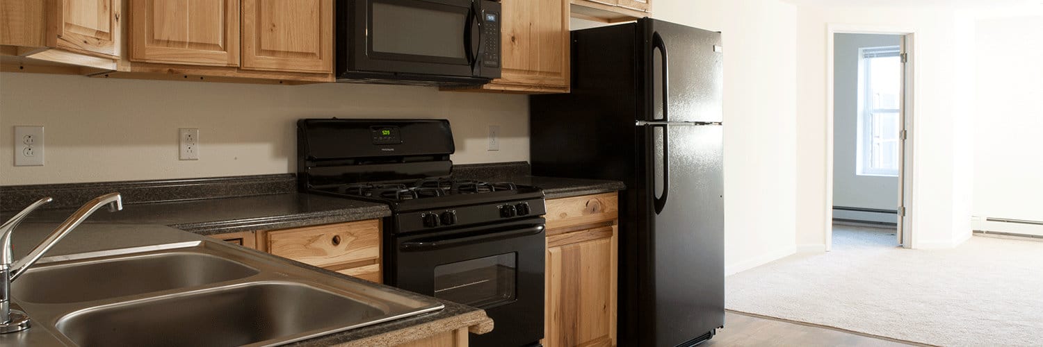 Kitchen and living room area in an apartment