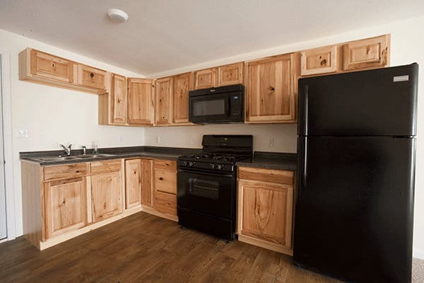 A corner kitchen apartment configuration